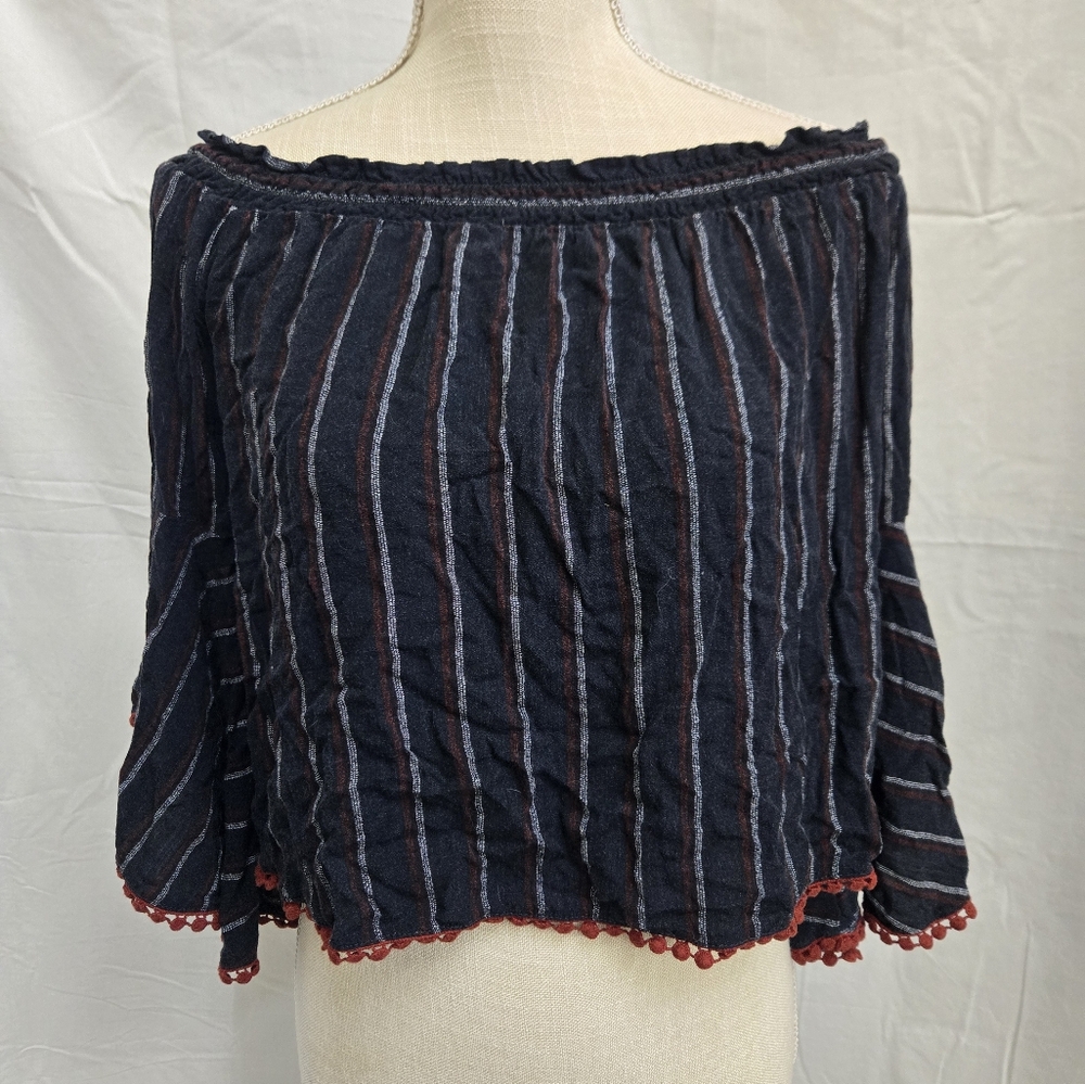Shyanne - Blue w/ Red & Light blue stripes Shoulder Blouse w/ Bell-sleeves - (M)